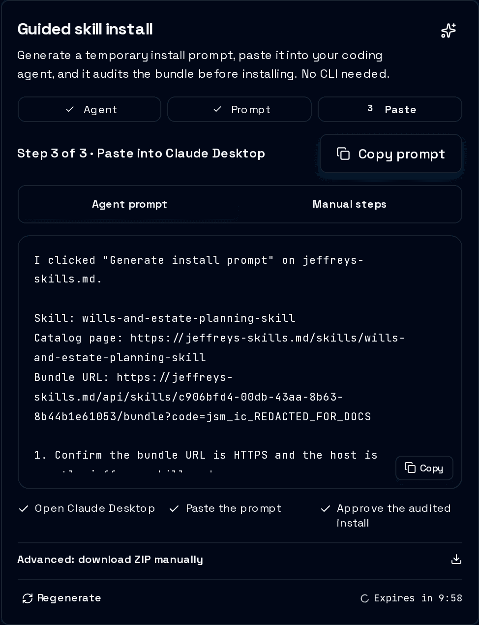 The Guided skill install card after Generate install prompt has been clicked: the generated prompt is shown above a countdown that reads Expires in 9:58, with Copy prompt at the top right and Regenerate at the bottom left.